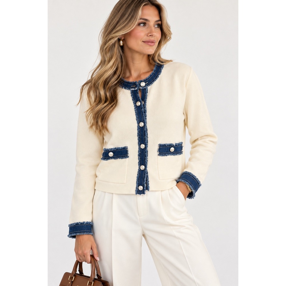 Sandro Lenormandie Denim-Trim Ecru Cream Knit Cardigan NWT Size 1 US Small